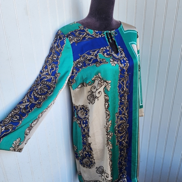 Cache Satin Green Blue Dress Beige Butterfly Scroll Chain Equestrian Print Sz M - Picture 4 of 16